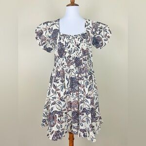 House of Harlow 1960 Floral Peasant Puff Sleeve Dress Medium Beige Navy Smocked